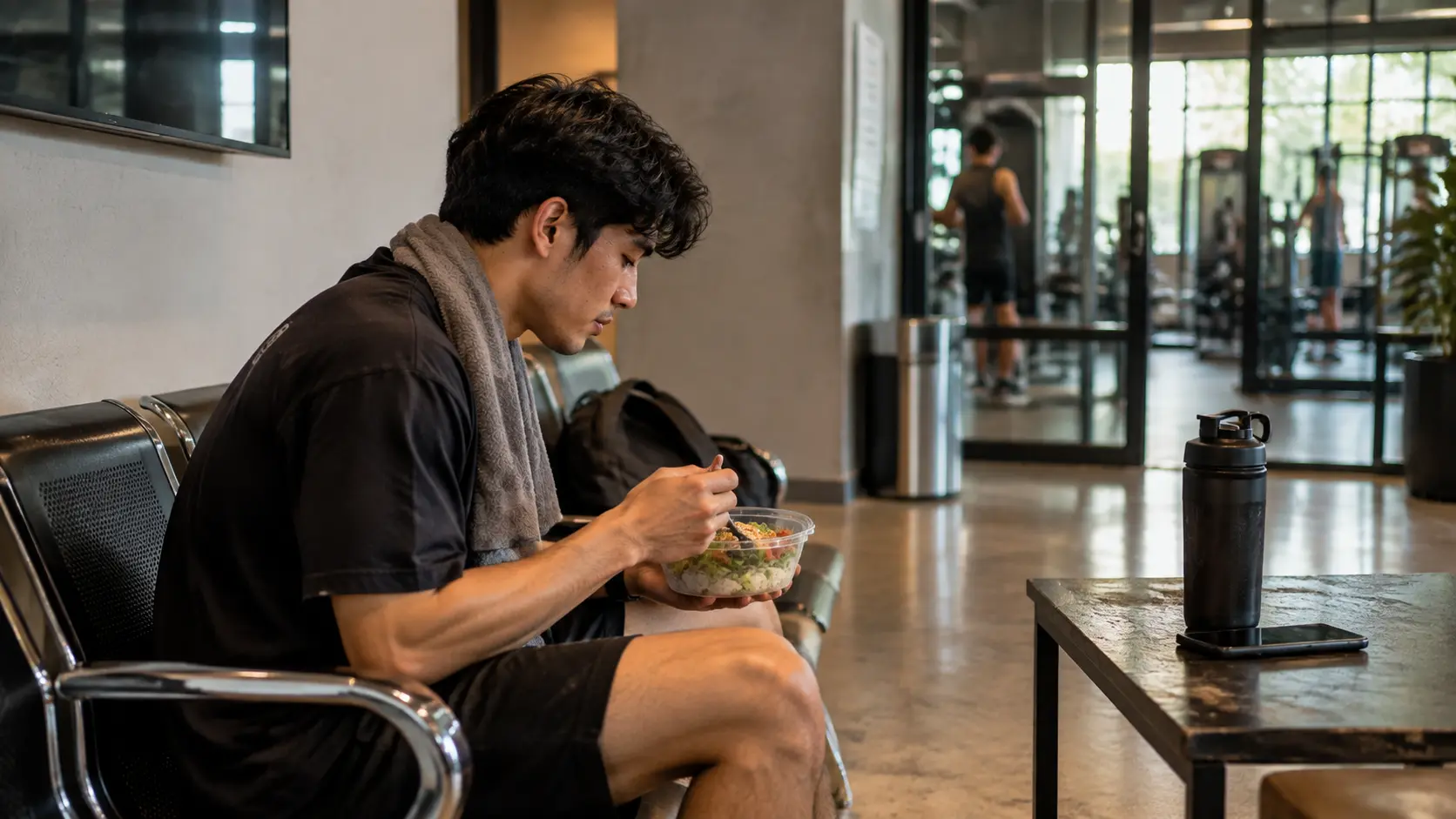 Man eating meal prep in gym